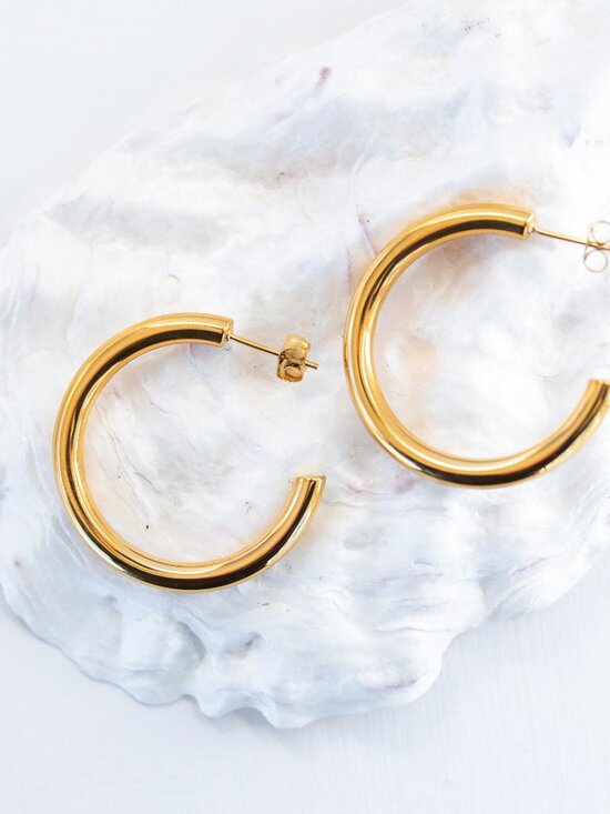 Chunky Gold Hoop Earrings 35mm Thick Hoop Earrings Waterproof Earrings - Picture 5 of 7